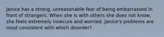 Janice has a strong, unreasonable fear of being embarrassed in front of strangers. When she is with others she does not know, she feels extremely insecure and worried. Janice's problems are most consistent with which disorder?