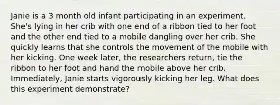 Janie is a 3 month old infant participating in an experiment. She's lying in her crib with one end of a ribbon tied to her foot and the other end tied to a mobile dangling over her crib. She quickly learns that she controls the movement of the mobile with her kicking. One week later, the researchers return, tie the ribbon to her foot and hand the mobile above her crib. Immediately, Janie starts vigorously kicking her leg. What does this experiment demonstrate?