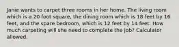 Janie wants to carpet three rooms in her home. The living room which is a 20 foot square, the dining room which is 18 feet by 16 feet, and the spare bedroom, which is 12 feet by 14 feet. How much carpeting will she need to complete the job? Calculator allowed.