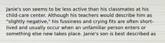 Janie's son seems to be less active than his classmates at his child-care center. Although his teachers would describe him as "slightly negative," his fussiness and crying fits are often short-lived and usually occur when an unfamiliar person enters or something else new takes place. Janie's son is best described as