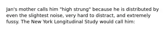 Jan's mother calls him "high strung" because he is distributed by even the slightest noise, very hard to distract, and extremely fussy. The New York Longitudinal Study would call him: