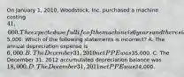 On January 1, 2010, Woodstock, Inc. purchased a machine costing 41,000. The expected useful life of the machine is 6 years and the residual value is5,000. Which of the following statements is incorrect? A. The annual depreciation expense is 6,000. B. The December 31, 2010 net PPE was35,000. C. The December 31, 2012 accumulated depreciation balance was 18,000. D. The December 31, 2011 net PPE was24,000.