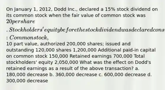 On January 1, 2012, Dodd Inc., declared a 15% stock dividend on its common stock when the fair value of common stock was 20 per share. Stockholders' equity before the stock dividend was declared consisted of: Common stock,10 part value, authorized 200,000 shares; issued and outstanding 120,000 shares 1,200,000 Additional paid-in capital on common stock 150,000 Retained earnings 700,000 Total stockholders' equity 2,050,000 What was the effect on Dodd's retained earnings as a result of the above transaction? a. 180,000 decrease b. 360,000 decrease c. 600,000 decrease d. 300,000 decrease