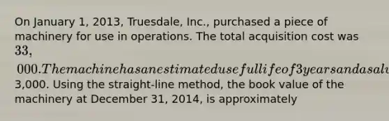 On January 1, 2013, Truesdale, Inc., purchased a piece of machinery for use in operations. The total acquisition cost was 33,000. The machine has an estimated useful life of 3 years and a salvage value of3,000. Using the straight-line method, the book value of the machinery at December 31, 2014, is approximately