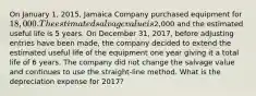 On January 1, 2015, Jamaica Company purchased equipment for 18,000. The estimated salvage value is2,000 and the estimated useful life is 5 years. On December 31, 2017, before adjusting entries have been made, the company decided to extend the estimated useful life of the equipment one year giving it a total life of 6 years. The company did not change the salvage value and continues to use the straight-line method. What is the depreciation expense for 2017?