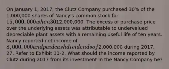 On January 1, 2017, the Clutz Company purchased 30% of the 1,000,000 shares of Nancy's common stock for 15,000,000 when 30% of Nancy's net assets totaled12,000,000. The excess of purchase price over the underlying assets was attributable to undervalued depreciable plant assets with a remaining useful life of ten years. Nancy reported net income of 8,000,000 and paid cash dividends of2,000,000 during 2017. 27. Refer to Exhibit 13-2. What should the income reported by Clutz during 2017 from its investment in the Nancy Company be?