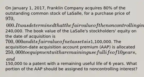 On January 1, 2017, Franklin Company acquires 80% of the outstanding common stock of LaSalle, for a purchase price of 970,000. It was determined that the fair value of the noncontrolling interest in the subsidiary is240,000. The book value of the LaSalle's stockholders' equity on the date of acquisition is 700,000 and its fair value of net assets is1,100,000. The acquisition-date acquisition account premium (AAP) is allocated 250,000 to equipment with a remaining useful life of 10 years, and150,000 to a patent with a remaining useful life of 6 years. What portion of the AAP should be assigned to noncontrolling interest?