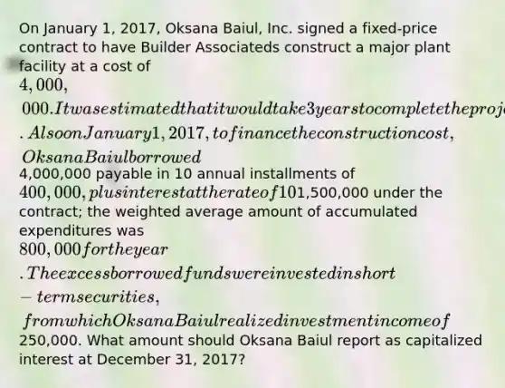 On January 1, 2017, Oksana Baiul, Inc. signed a fixed-price contract to have Builder Associateds construct a major plant facility at a cost of 4,000,000. It was estimated that it would take 3 years to complete the project. Also on January 1, 2017, to finance the construction cost, Oksana Baiul borrowed4,000,000 payable in 10 annual installments of 400,000, plus interest at the rate of 10%. During 2017, Oksana Baiul made deposit and progress payments totaling1,500,000 under the contract; the weighted average amount of accumulated expenditures was 800,000 for the year. The excess borrowed funds were invested in short-term securities, from which Oksana Baiul realized investment income of250,000. What amount should Oksana Baiul report as capitalized interest at December 31, 2017?