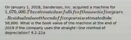 On January​ 1, 2018,​ Sanderson, Inc. acquired a machine for 1,070,000. The estimated useful life of the asset is five years. Residual value at the end of five years is estimated to be58,000. What is the book value of the machine at the end of 2019 if the company uses the straight−line method of​ depreciation? 9.2-22a