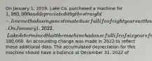 On January 1, 2019, Lake Co. purchased a machine for 1,980,000 and depreciated it by the straight-line method using an estimated useful life of eight years with no salvage value. On January 1, 2022, Lake determined that the machine had a useful life of six years from the date of acquisition and will have a salvage value of180,000. An accounting change was made in 2022 to reflect these additional data. The accumulated depreciation for this machine should have a balance at December 31, 2022 of