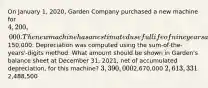 On January 1, 2020, Garden Company purchased a new machine for 4,200,000. The new machine has an estimated useful life of nine years and the salvage value was estimated to be150,000. Depreciation was computed using the sum-of-the-years'-digits method. What amount should be shown in Garden's balance sheet at December 31, 2021, net of accumulated depreciation, for this machine? 3,390,0002,670,000 2,613,3312,488,500