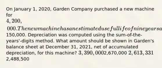 On January 1, 2020, Garden Company purchased a new machine for 4,200,000. The new machine has an estimated useful life of nine years and the salvage value was estimated to be150,000. Depreciation was computed using the sum-of-the-years'-digits method. What amount should be shown in Garden's balance sheet at December 31, 2021, net of accumulated depreciation, for this machine? 3,390,0002,670,000 2,613,3312,488,500