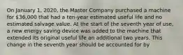 On January 1, 2020, the Master Company purchased a machine for 36,000 that had a ten-year estimated useful life and no estimated salvage value. At the start of the seventh year of use, a new energy saving device was added to the machine that extended its original useful life an additional two years. This change in the seventh year should be accounted for by