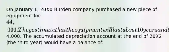 On January 1, 20X0 Burden company purchased a new piece of equipment for 44,000. They estimate that the equipment will last about 10 years and then be worth4,000. The accumulated depreciation account at the end of 20X2 (the third year) would have a balance of: