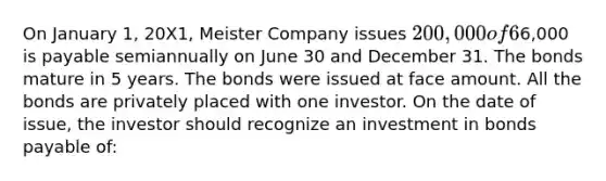 On January 1, 20X1, Meister Company issues 200,000 of 6% bonds. Interest of6,000 is payable semiannually on June 30 and December 31. The bonds mature in 5 years. The bonds were issued at face amount. All the bonds are privately placed with one investor. On the date of issue, the investor should recognize an investment in <a href='https://www.questionai.com/knowledge/kvHJpN4vyZ-bonds-payable' class='anchor-knowledge'>bonds payable</a> of: