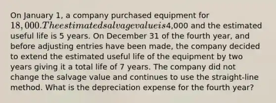 On January 1, a company purchased equipment for 18,000. The estimated salvage value is4,000 and the estimated useful life is 5 years. On December 31 of the fourth year, and before adjusting entries have been made, the company decided to extend the estimated useful life of the equipment by two years giving it a total life of 7 years. The company did not change the salvage value and continues to use the straight-line method. What is the depreciation expense for the fourth year?