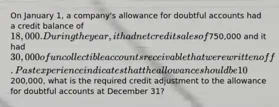 On January 1, a company's allowance for doubtful accounts had a credit balance of 18,000. During the year, it had net credit sales of750,000 and it had 30,000 of uncollectible accounts receivable that were written off. Past experience indicates that the allowance should be 10% of the balance in receivables (percentage-of-receivables basis). If the accounts receivable balance at December 31 is200,000, what is the required credit adjustment to the allowance for doubtful accounts at December 31?