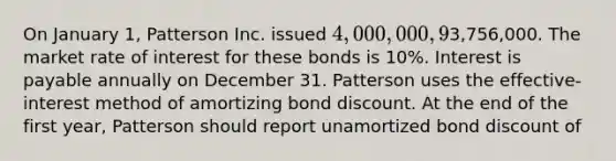 On January 1, Patterson Inc. issued 4,000,000, 9% bonds for3,756,000. The market rate of interest for these bonds is 10%. Interest is payable annually on December 31. Patterson uses the effective-interest method of amortizing bond discount. At the end of the first year, Patterson should report unamortized bond discount of