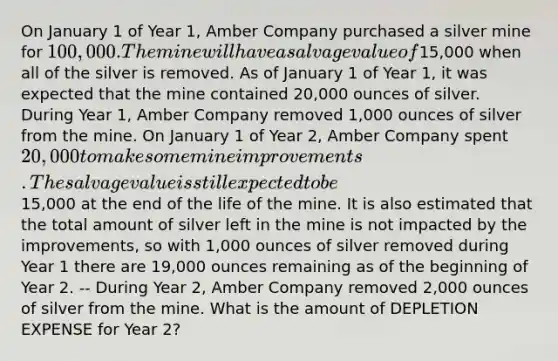 On January 1 of Year 1, Amber Company purchased a silver mine for 100,000. The mine will have a salvage value of15,000 when all of the silver is removed. As of January 1 of Year 1, it was expected that the mine contained 20,000 ounces of silver. During Year 1, Amber Company removed 1,000 ounces of silver from the mine. On January 1 of Year 2, Amber Company spent 20,000 to make some mine improvements. The salvage value is still expected to be15,000 at the end of the life of the mine. It is also estimated that the total amount of silver left in the mine is not impacted by the improvements, so with 1,000 ounces of silver removed during Year 1 there are 19,000 ounces remaining as of the beginning of Year 2. -- During Year 2, Amber Company removed 2,000 ounces of silver from the mine. What is the amount of DEPLETION EXPENSE for Year 2?