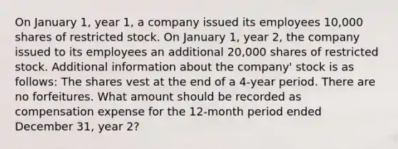 On January 1, year 1, a company issued its employees 10,000 shares of restricted stock. On January 1, year 2, the company issued to its employees an additional 20,000 shares of restricted stock. Additional information about the company' stock is as follows: The shares vest at the end of a 4-year period. There are no forfeitures. What amount should be recorded as compensation expense for the 12-month period ended December 31, year 2?