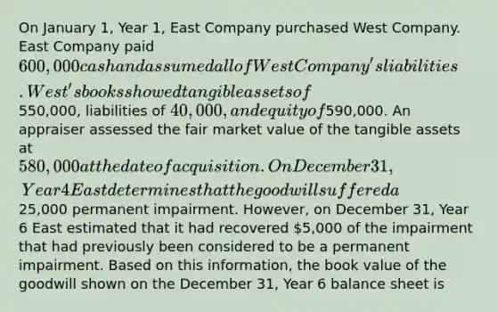 On January 1, Year 1, East Company purchased West Company. East Company paid 600,000 cash and assumed all of West Company's liabilities. West's books showed tangible assets of550,000, liabilities of 40,000, and equity of590,000. An appraiser assessed the fair market value of the tangible assets at 580,000 at the date of acquisition. On December 31, Year 4 East determines that the goodwill suffered a25,000 permanent impairment. However, on December 31, Year 6 East estimated that it had recovered 5,000 of the impairment that had previously been considered to be a permanent impairment. Based on this information, the book value of the goodwill shown on the December 31, Year 6 balance sheet is