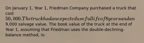 On January 1, Year 1, Friedman Company purchased a truck that cost 50,000. The truck had an expected useful life of 8 years and an9,000 salvage value. The book value of the truck at the end of Year 1, assuming that Friedman uses the double-declining-balance method, is: