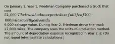 On January 1, Year 1, Friedman Company purchased a truck that cost 52,000. The truck had an expected useful life of 200,000 miles over 8 years and a9,000 salvage value. During Year 2, Friedman drove the truck 27,000 miles. The company uses the units-of-production method. The amount of depreciation expense recognized in Year 2 is: (Do not round intermediate calculations.)