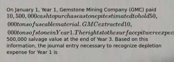 On January 1, Year 1, Gemstone Mining Company (GMC) paid 10,500,000 cash to purchase a stone pit estimated to hold 50,000 tons of useable material. GMC extracted 10,000 tons of stone in Year 1. The rights to the surface pit were expected to have a500,000 salvage value at the end of Year 3. Based on this information, the journal entry necessary to recognize depletion expense for Year 1 is