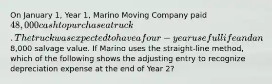 On January 1, Year 1, Marino Moving Company paid 48,000 cash to purchase a truck. The truck was expected to have a four-year useful life and an8,000 salvage value. If Marino uses the straight-line method, which of the following shows the adjusting entry to recognize depreciation expense at the end of Year 2?