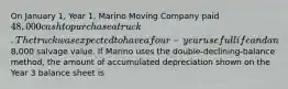 On January 1, Year 1, Marino Moving Company paid 48,000 cash to purchase a truck. The truck was expected to have a four-year useful life and an8,000 salvage value. If Marino uses the double-declining-balance method, the amount of accumulated depreciation shown on the Year 3 balance sheet is