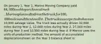 On January 1, Year 1, Marino Moving Company paid 64,000 cash to purchase a truck. Marino planned to drive the truck for 100,000 miles and then to sell it. The truck was expected to have an10,000 salvage value. The truck was actually driven 32,000 miles during Year 1, 12,000 miles during Year 2, 27,000 miles during Year 3 and 10,500 miles during Year 4. If Marino uses the units-of-production method, the amount of accumulated depreciationshown on the Year 3 balance sheet is: