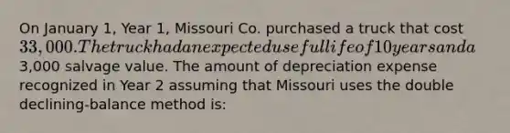 On January 1, Year 1, Missouri Co. purchased a truck that cost 33,000. The truck had an expected useful life of 10 years and a3,000 salvage value. The amount of depreciation expense recognized in Year 2 assuming that Missouri uses the double declining-balance method is: