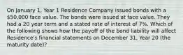 On January 1, Year 1 Residence Company issued bonds with a 50,000 face value. The bonds were issued at face value. They had a 20 year term and a stated rate of interest of 7%. Which of the following shows how the payoff of the bond liability will affect Residence's financial statements on December 31, Year 20 (the maturity date)?