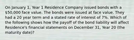 On January 1, Year 1 Residence Company issued bonds with a 50,000 face value. The bonds were issued at face value. They had a 20 year term and a stated rate of interest of 7%. Which of the following shows how the payoff of the bond liability will affect Residence's financial statements on December 31, Year 20 (the maturity date)?