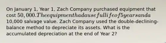 On January 1, Year 1, Zach Company purchased equipment that cost 50,000. The equipment had a useful life of 5 years and a10,000 salvage value. Zach Company used the double-declining-balance method to depreciate its assets. What is the accumulated depreciation at the end of Year 2?