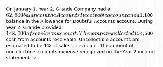 On January 1, Year 2, Grande Company had a 62,600 balance in the Accounts Receivable account and a1,100 balance in the Allowance for Doubtful Accounts account. During Year 2, Grande provided 148,000 of service on account. The company collected154,500 cash from accounts receivable. Uncollectible accounts are estimated to be 1% of sales on account. The amount of uncollectible accounts expense recognized on the Year 2 income statement is: