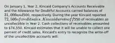 On January 1, Year 2, Kincaid Company's Accounts Receivable and the Allowance for Doubtful Accounts carried balances of 31,000 and500, respectively. During the year Kincaid reported 72,500 of credit sales. Kincaid wrote off550 of receivables as uncollectible in Year 2. Cash collections of receivables amounted to 74,550. Kincaid estimates that it will be unable to collect one percent of credit sales. Kincaid's entry to recognize the write-off of the uncollectible accounts will: