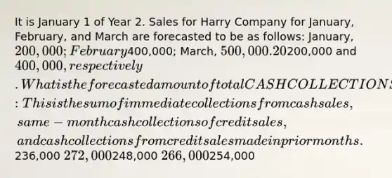 It is January 1 of Year 2. Sales for Harry Company for January, February, and March are forecasted to be as follows: January, 200,000; February400,000; March, 500,000. 20% of sales are for cash. Of the credit sales, 10% are collected during the month of sale, 30% in the following month, and 60% in the second following month. TOTAL sales for November and December of Year 1 were200,000 and 400,000, respectively. What is the forecasted amount of total CASH COLLECTIONS FROM SALES in January? Note: This is the sum of immediate collections from cash sales, same-month cash collections of credit sales, and cash collections from credit sales made in prior months.236,000 272,000248,000 266,000254,000