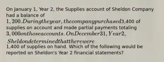 On January 1, Year 2, the Supplies account of Sheldon Company had a balance of 1,200. During the year, the company purchased3,400 of supplies on account and made partial payments totaling 3,000 on those accounts. On December 31, Year 2, Sheldon determined that there were1,400 of supplies on hand. Which of the following would be reported on Sheldon's Year 2 financial statements?