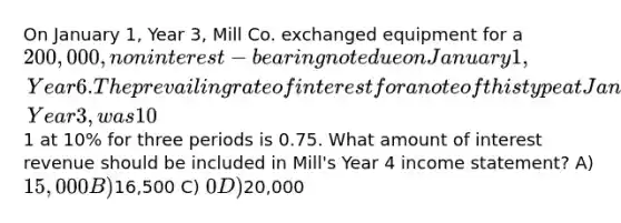 On January 1, Year 3, Mill Co. exchanged equipment for a 200,000, noninterest-bearing note due on January 1, Year 6. The prevailing rate of interest for a note of this type at January 1, Year 3, was 10%. The present value of1 at 10% for three periods is 0.75. What amount of interest revenue should be included in Mill's Year 4 income statement? A) 15,000 B)16,500 C) 0 D)20,000