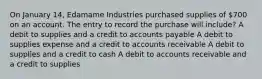 On January 14, Edamame Industries purchased supplies of 700 on an account. The entry to record the purchase will include? A debit to supplies and a credit to accounts payable A debit to supplies expense and a credit to accounts receivable A debit to supplies and a credit to cash A debit to accounts receivable and a credit to supplies