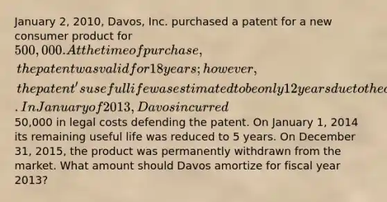 January 2, 2010, Davos, Inc. purchased a patent for a new consumer product for 500,000. At the time of purchase, the patent was valid for 18 years; however, the patent's useful life was estimated to be only 12 years due to the competitive nature of the product. In January of 2013, Davos incurred50,000 in legal costs defending the patent. On January 1, 2014 its remaining useful life was reduced to 5 years. On December 31, 2015, the product was permanently withdrawn from the market. What amount should Davos amortize for fiscal year 2013?