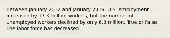 Between January 2012 and January 2019, U.S. employment increased by 17.3 million workers, but the number of unemployed workers declined by only 6.3 million. True or False: The labor force has decreased.