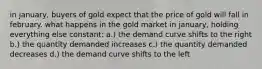 in january, buyers of gold expect that the price of gold will fall in february. what happens in the gold market in january, holding everything else constant: a.) the demand curve shifts to the right b.) the quantity demanded increases c.) the quantity demanded decreases d.) the demand curve shifts to the left