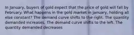 In January, buyers of gold expect that the price of gold will fall by February. What happens in the gold market in January, holding all else constant? The demand curve shifts to the right. The quantity demanded increases. The demand curve shifts to the left. The quantity demanded decreases