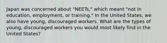 Japan was concerned about​ "NEETs," which meant​ "not in​ education, employment, or​ training." In the United​ States, we also have​ young, discouraged workers. What are the types of​ young, discouraged workers you would most likely find in the United​ States?