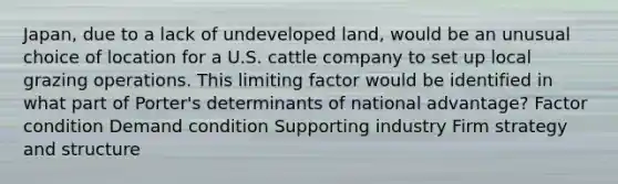 Japan, due to a lack of undeveloped land, would be an unusual choice of location for a U.S. cattle company to set up local grazing operations. This limiting factor would be identified in what part of Porter's determinants of national advantage? Factor condition Demand condition Supporting industry Firm strategy and structure