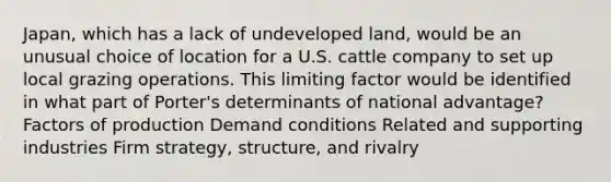 Japan, which has a lack of undeveloped land, would be an unusual choice of location for a U.S. cattle company to set up local grazing operations. This limiting factor would be identified in what part of Porter's determinants of national advantage? Factors of production Demand conditions Related and supporting industries Firm strategy, structure, and rivalry