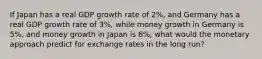 If Japan has a real GDP growth rate of 2%, and Germany has a real GDP growth rate of 3%, while money growth in Germany is 5%, and money growth in Japan is 6%, what would the monetary approach predict for exchange rates in the long run?