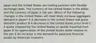 Japan and the United States are trading partners with flexible exchange rates. The currency of the United States is the dollar, and the currency of Japan is the yen. Which of the following changes in the United States will most likely increase aggregate demand in Japan? A A decrease in the United States real gross domestic product B A decrease in the United States price level C A quota imposed by the United States on goods imported from Japan D An appreciation of the United States dollar relative to the yen E An increase in the demand for Japanese financial assets by American investors